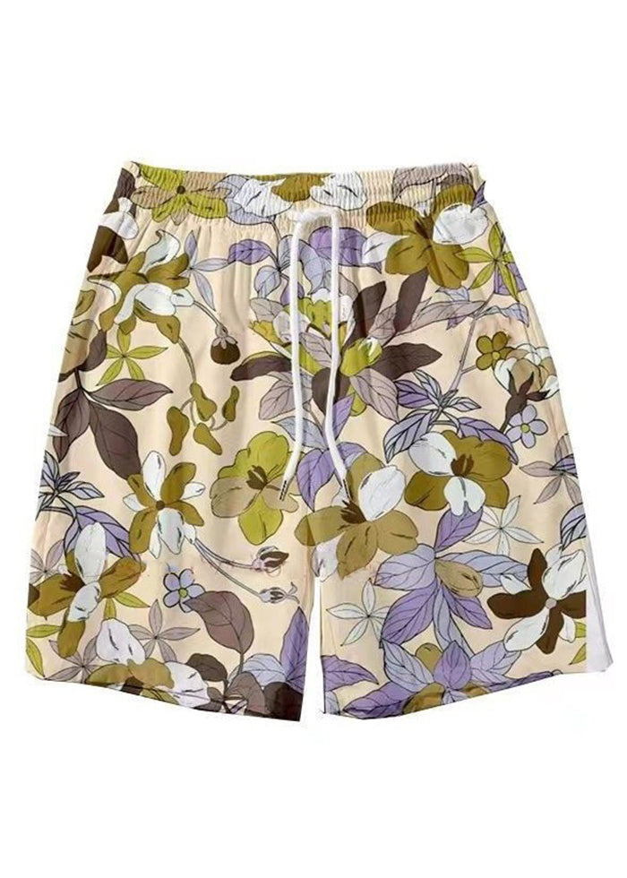 New Light Khaki Lace Up Print Elastic Waist Cotton Mens Shorts Summer