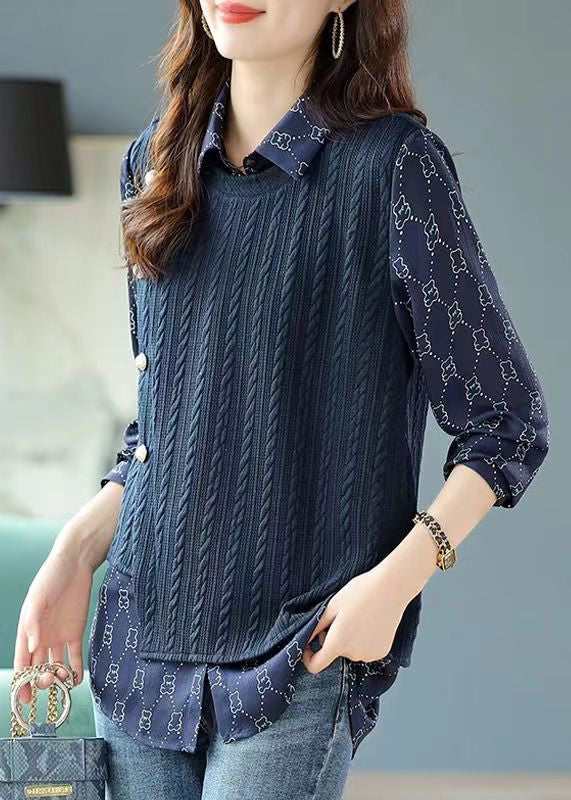 New Navy Asymmetrical Print False Two Pieces Cotton Blouses Spring