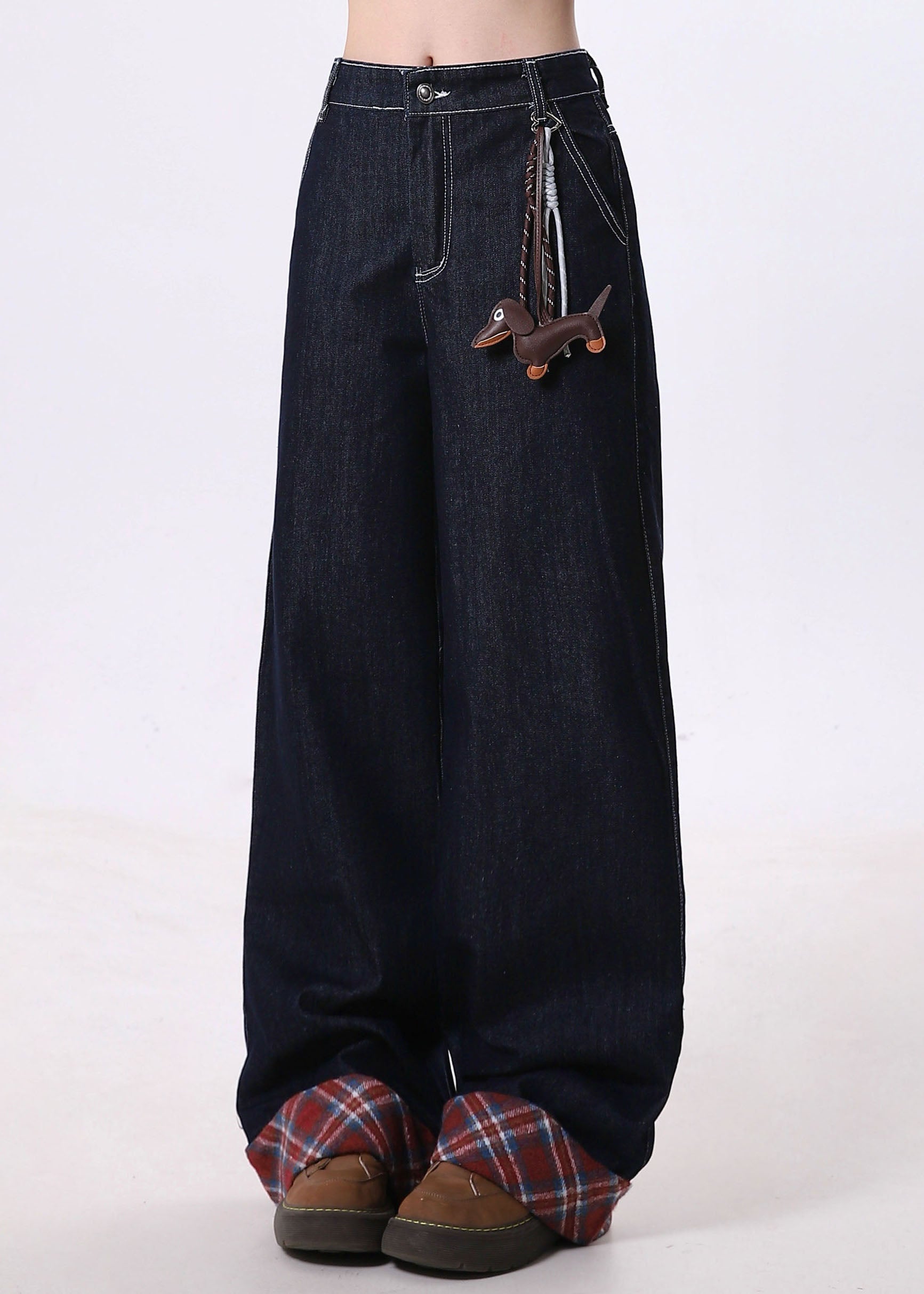 New Navy Pockets Patchwork Denim Wide Leg Pants Spring