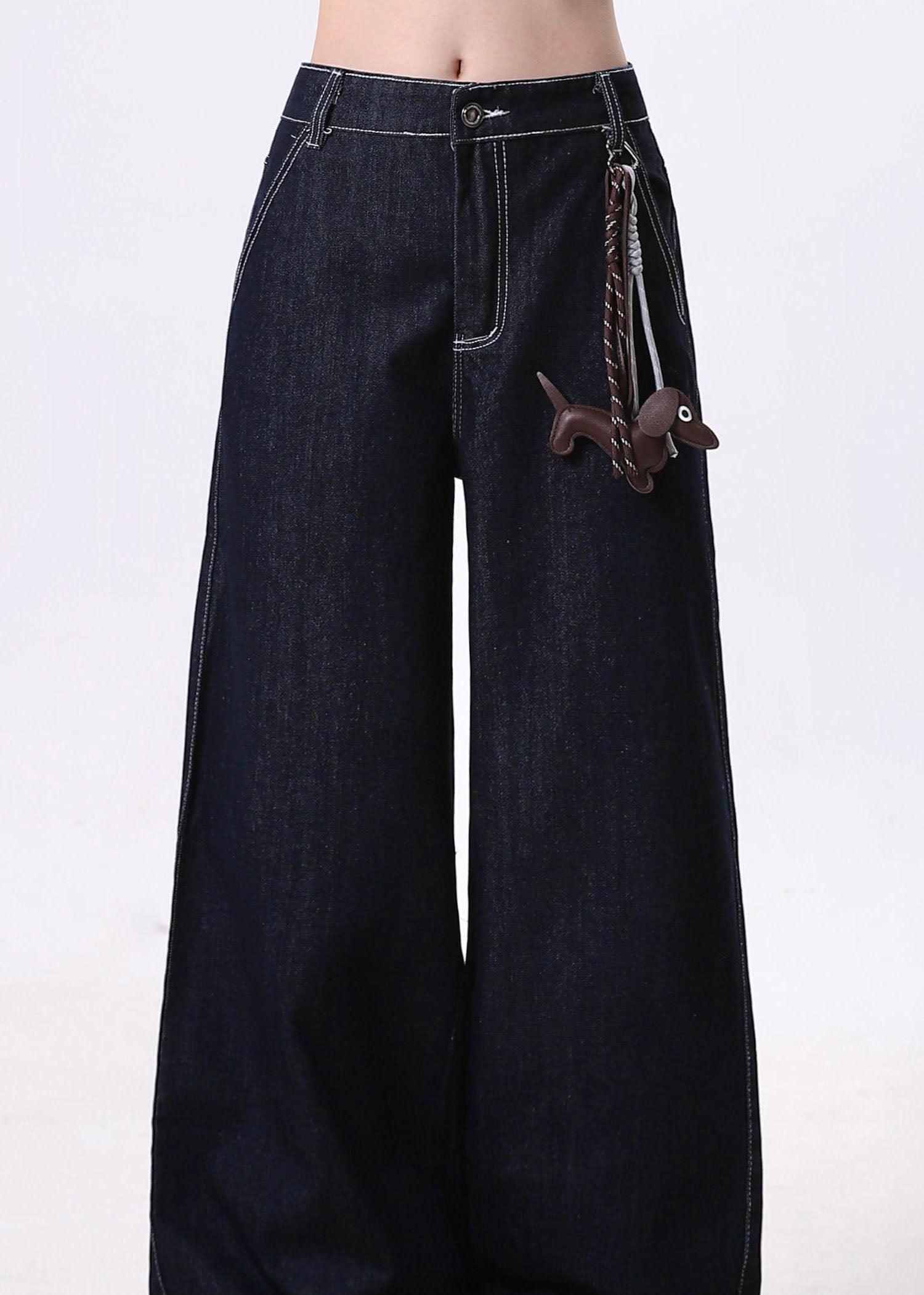 New Navy Pockets Patchwork Denim Wide Leg Pants Spring