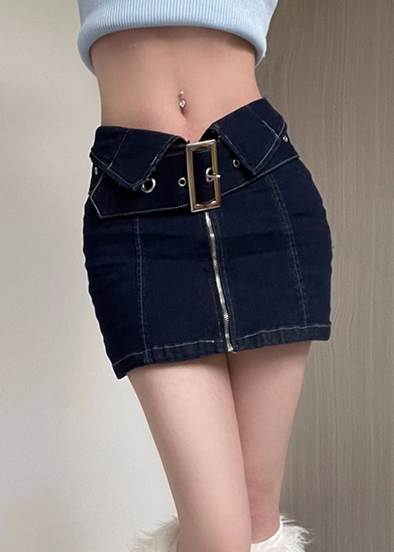 New Navy Zip Up Sashes Patchwork Denim Skirts Summer