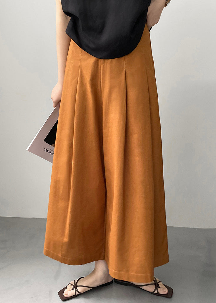 New Orange Pockets Solid Cotton Wide Leg Pants Summer