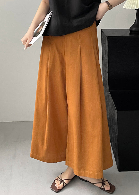 New Orange Pockets Solid Cotton Wide Leg Pants Summer