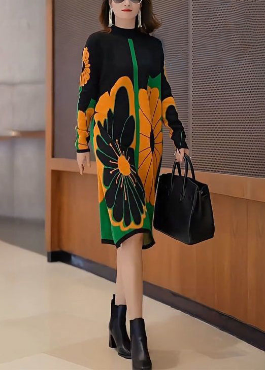 New Patchwork Turtleneck Print Patchwork Knit Long Sweater Dress Fall