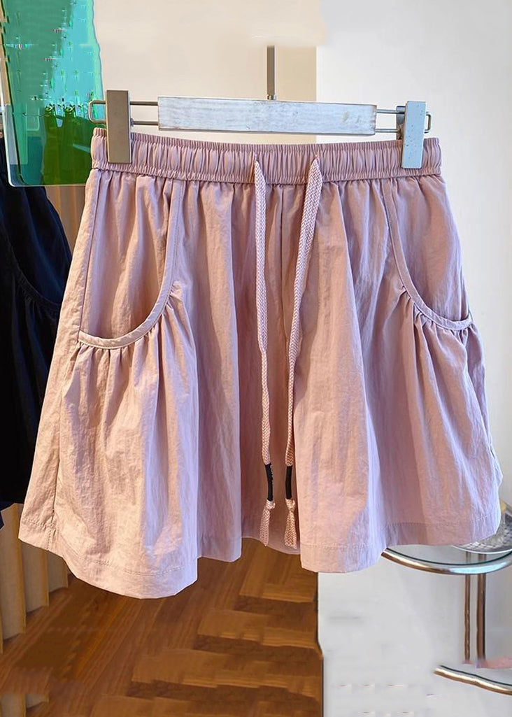 New Pink Pockets Elastic Waist Cotton Shorts Summer