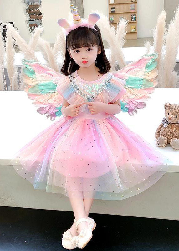 New Pink Sequins Wrinkled Patchwork Tulle Kids Girls Rainbow Dress Summer