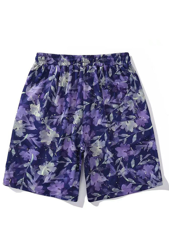 New Purple Print Lace Up Elastic Waist Cotton Men Beach Shorts Summer