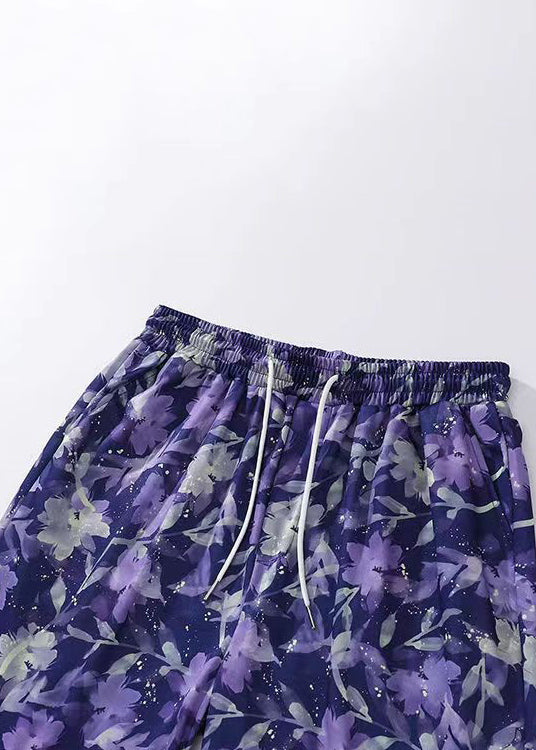 New Purple Print Lace Up Elastic Waist Cotton Men Beach Shorts Summer