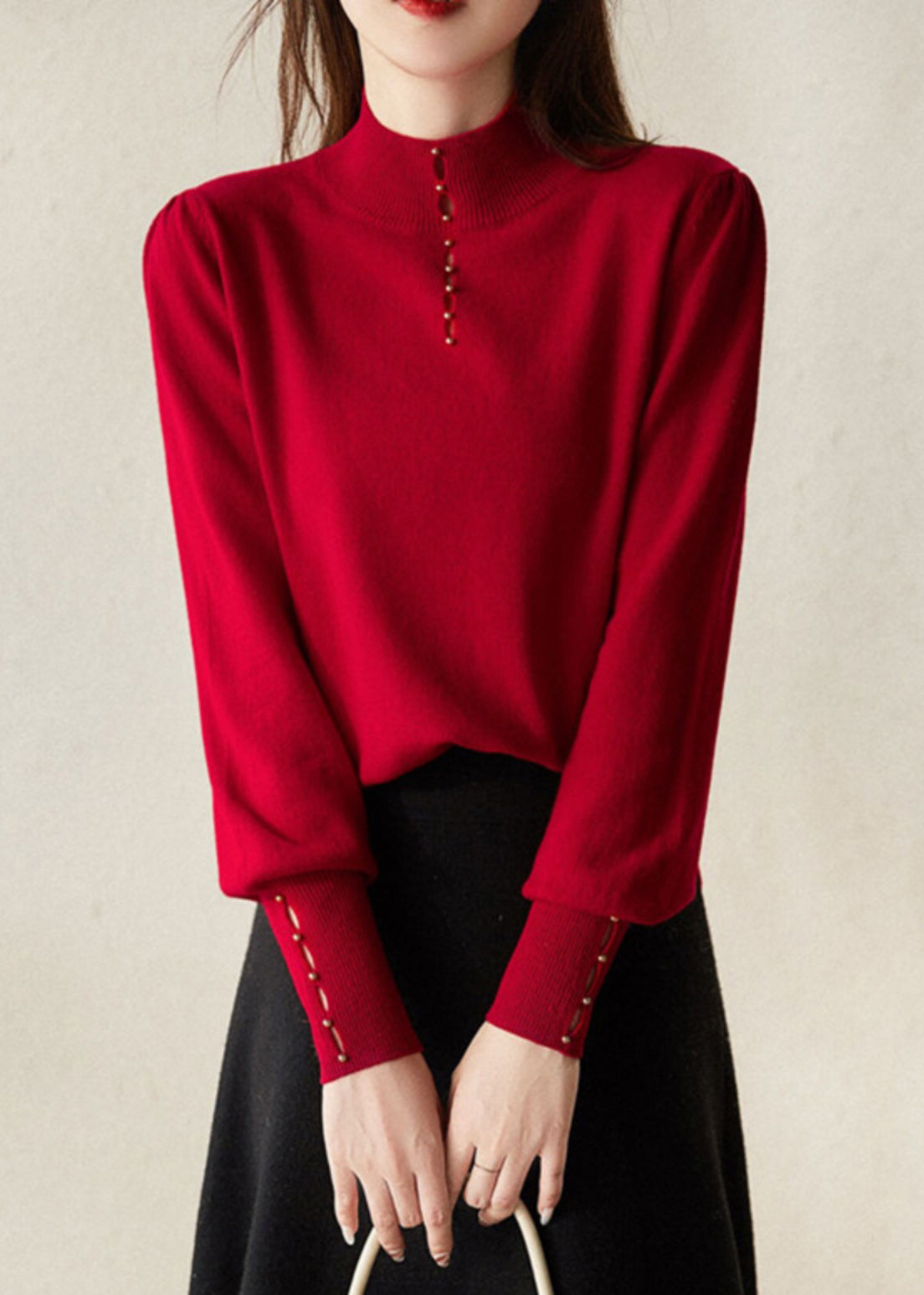 New Red Hollow Out Solid Wool Knit Sweater Spring