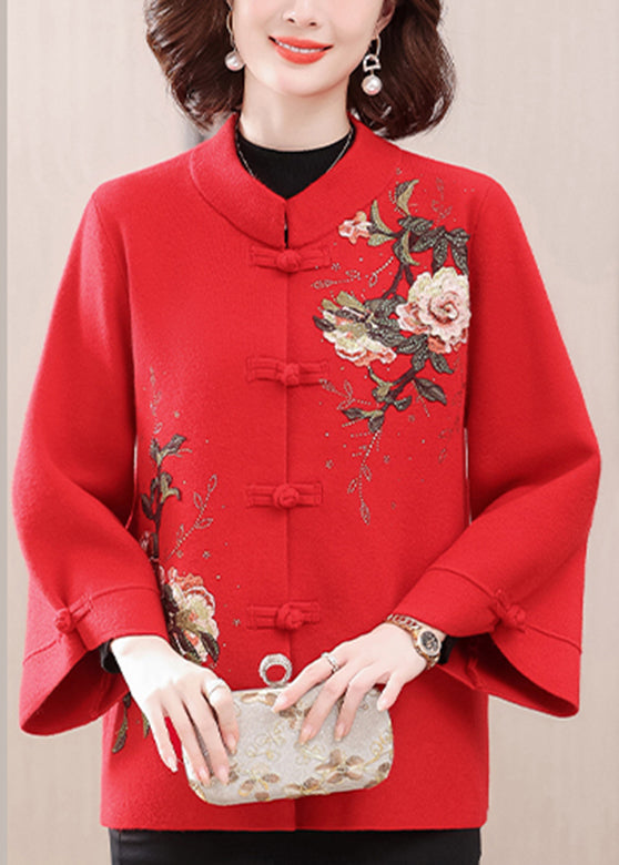 New Red Stand Collar Print Woolen Coats Spring