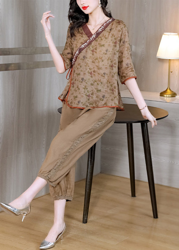 New Retro Khaki V Neck Tops And Pants Linen Two Pieces Set Summer