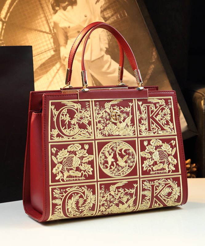 New Retro Red Embroideried Calf Leather Tote Handbag