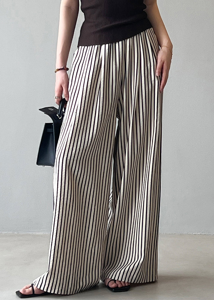 New Striped Pockets Elastic Waist Cotton Wide Leg Pants Summer