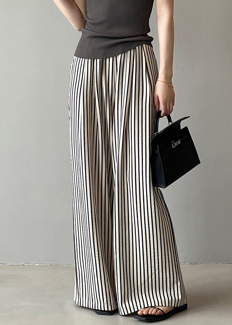 New Striped Pockets Elastic Waist Cotton Wide Leg Pants Summer