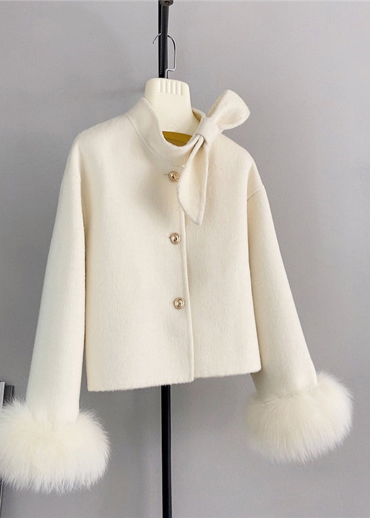 New White Wool Bow Button Fox Hair Cuff Short Coat Winter