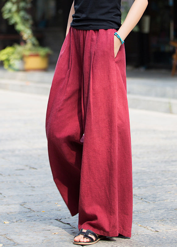 New Wine Red Pockets Elastic Waist Linen Pants Summer