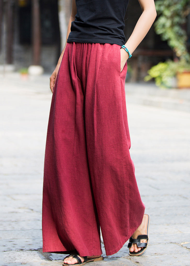 New Wine Red Pockets Elastic Waist Linen Pants Summer