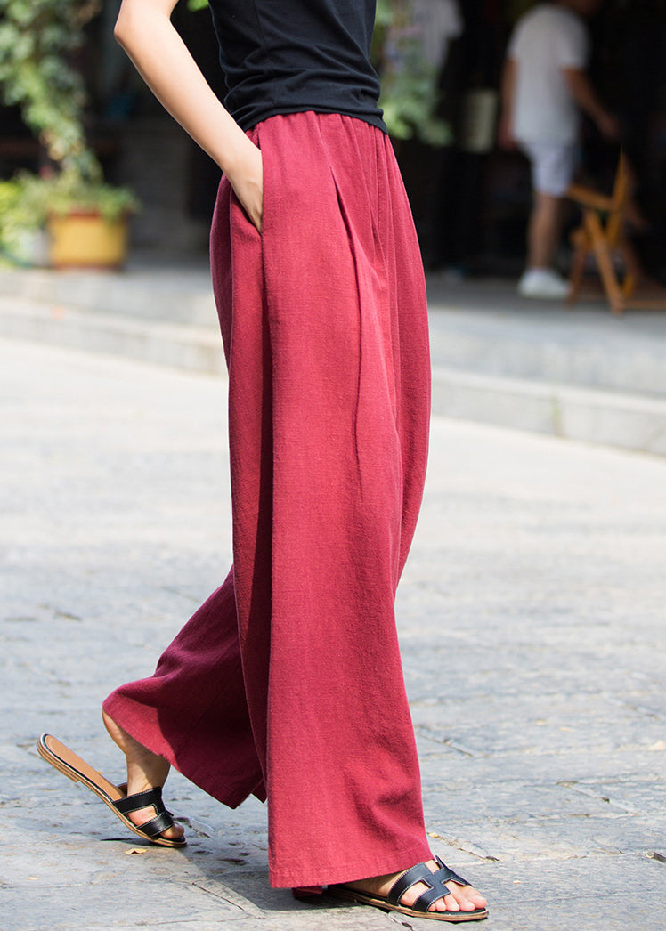 New Wine Red Pockets Elastic Waist Linen Pants Summer