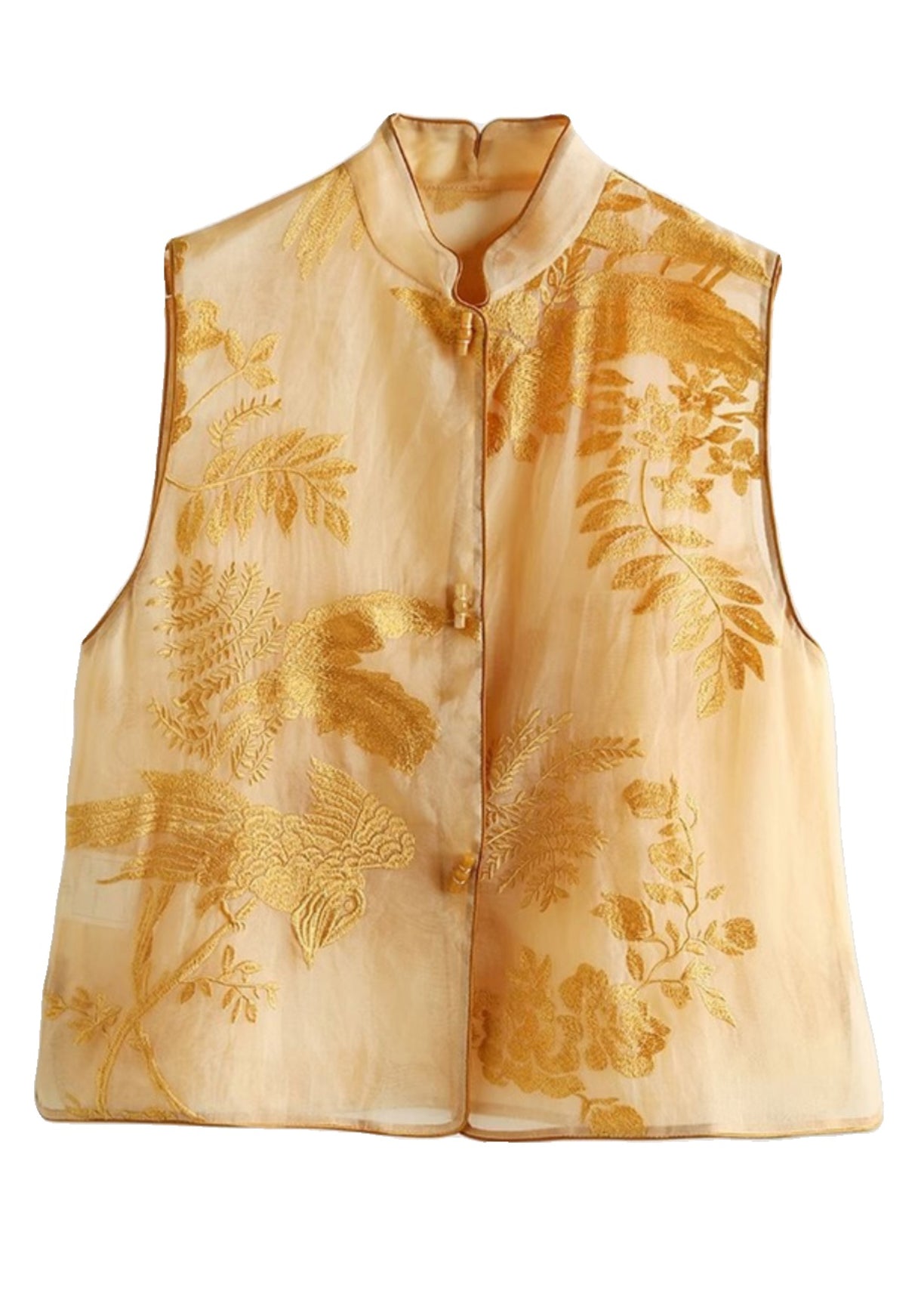 New Yellow Embroidered Button Tulle Waistcoat Sleeveless