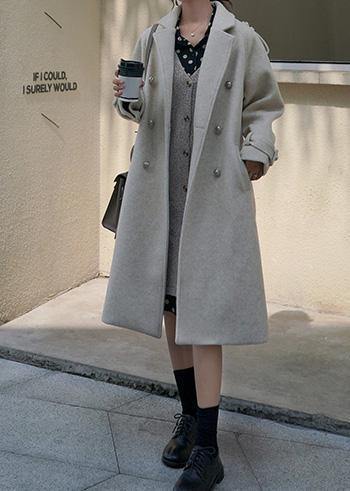 New beige woolen outwear plus size clothing maxi coat back open woolen outwear double breast