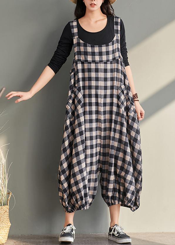 New cage pants casual plaid jumpsuit cotton and linen overalls women