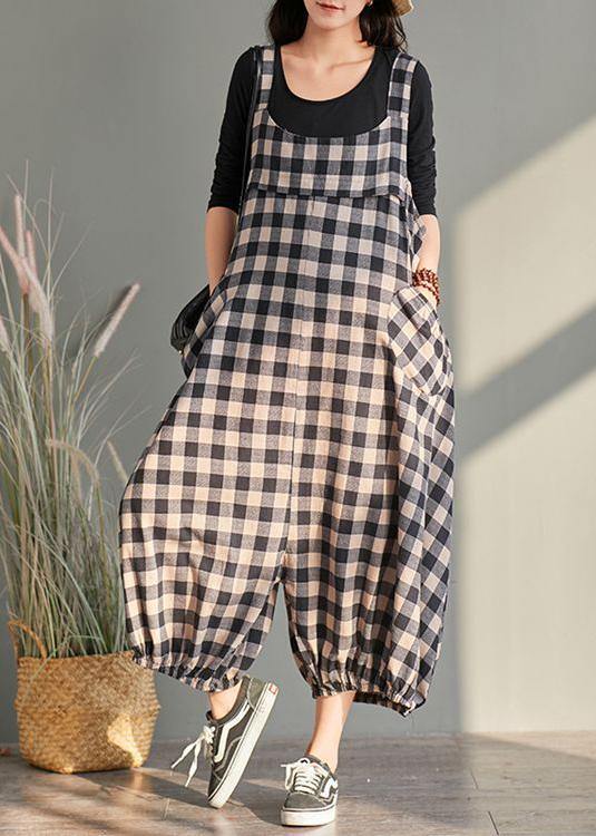 New cage pants casual plaid jumpsuit cotton and linen overalls women