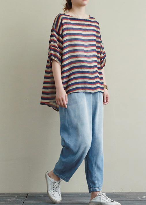 New casual suit female loose large size red and blue striped T-shirt Tencel blue jeans two-piece suit