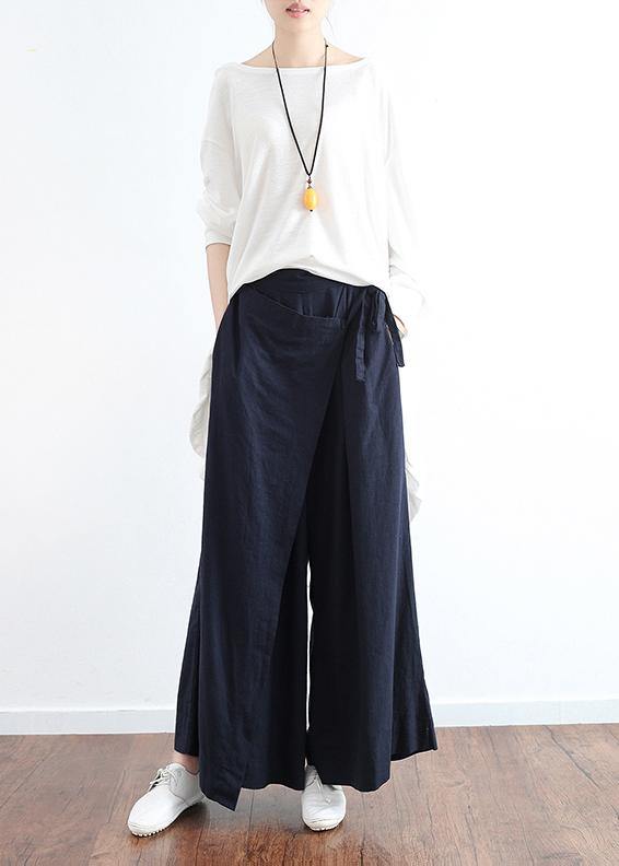 New dark blue ladies loose tie irregular wide leg cotton and linen pants