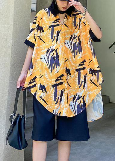 New female plus size casual yellow printed shirt + five-point pants two-piece suit