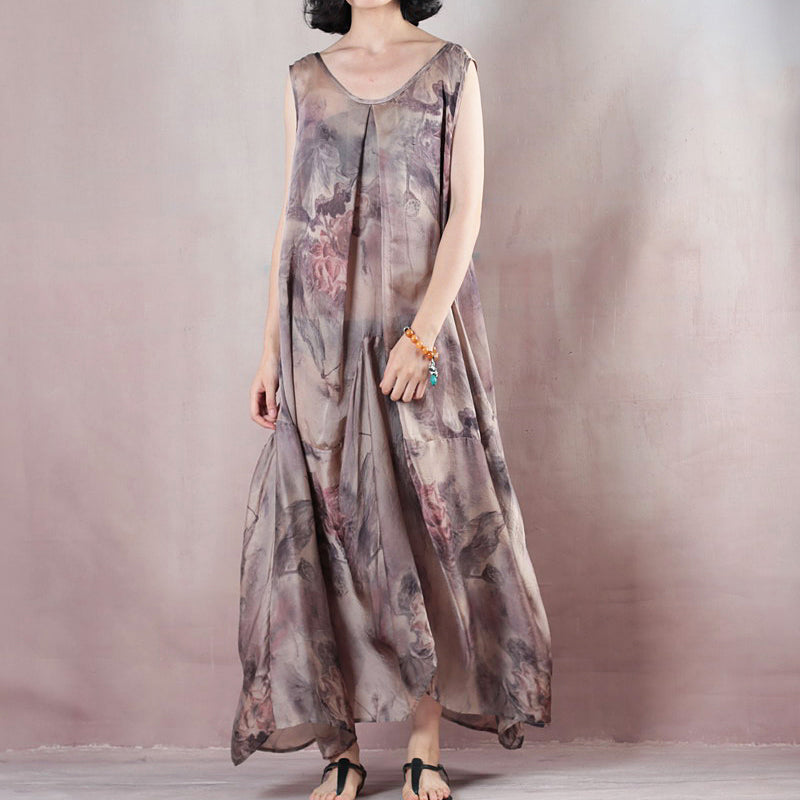 New floral silk dress casual o neck linen maxi dress New two pieces kaftan