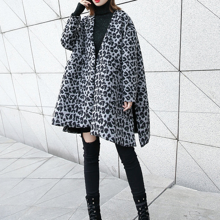 New gray Leopard Coats plus size v neck pockets Winter coat 2025 side open coat