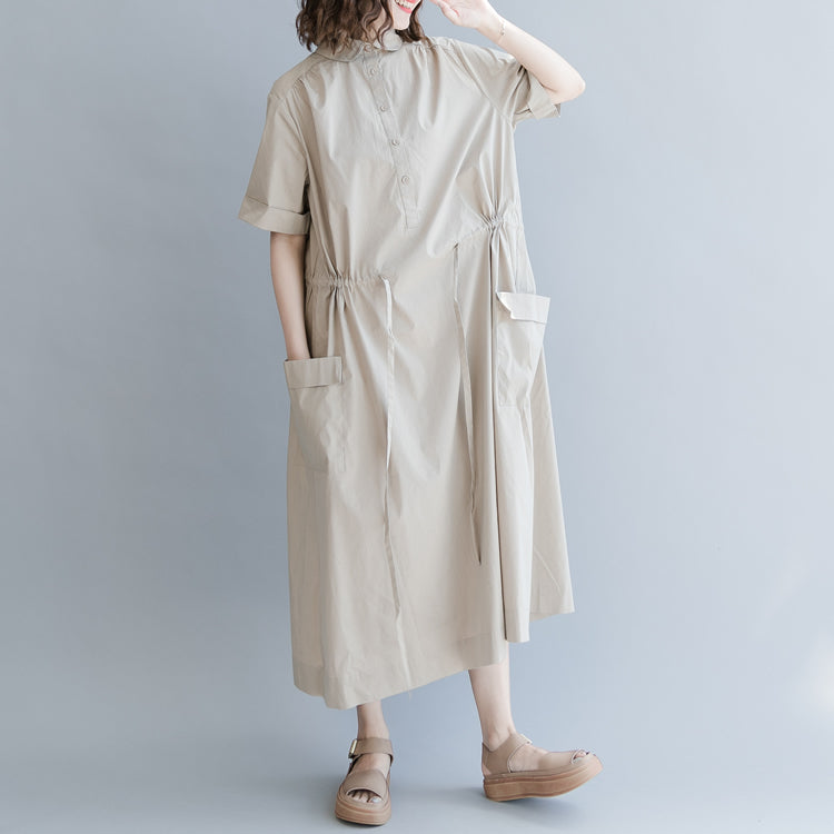 New khaki cotton blended dress plus size clothing traveling clothing Elegant short sleeve pockets Turn-down Collar baggy dresses