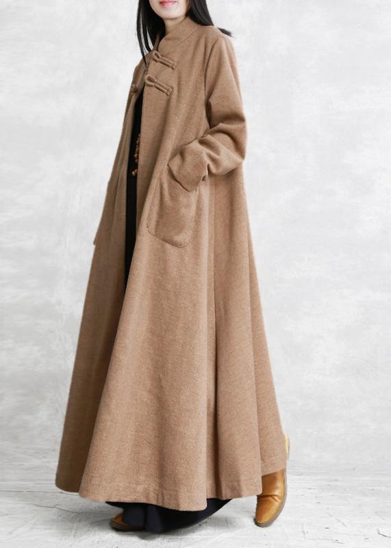 New khaki wool overcoat plus size stand collar Chinese Button long jackets outwear