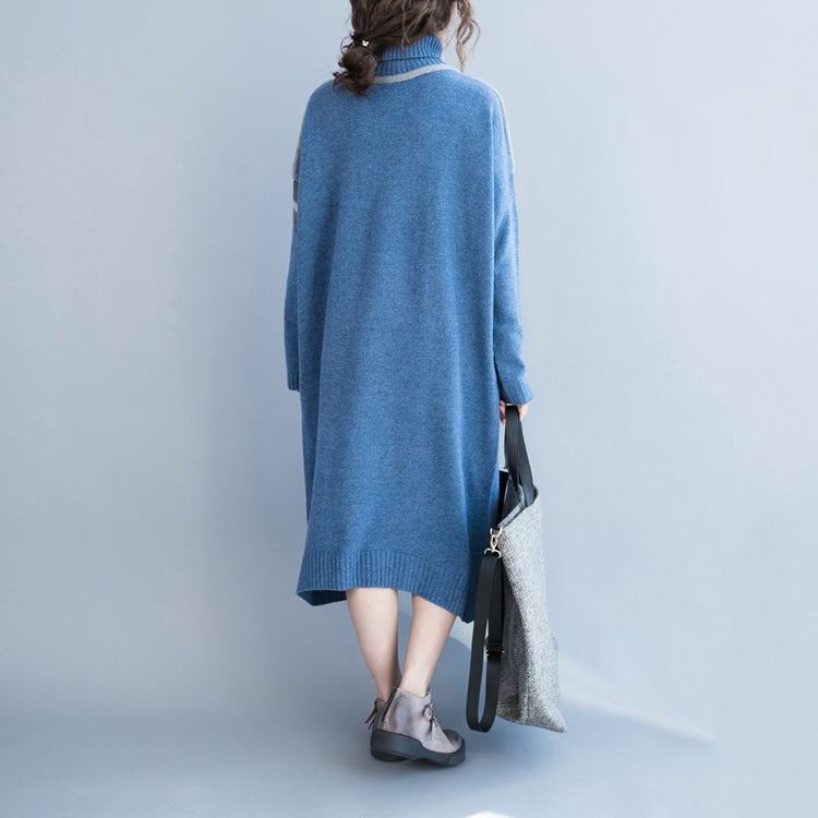 New light blue long sweaters plus size clothing patchwork winter dress high neck pullover sweater