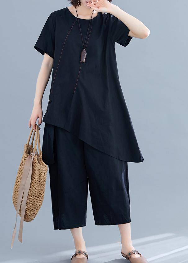 New loose women's fashion black cotton and linen irregular shirt + pants casual suit