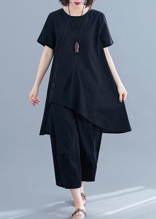 New loose women's fashion black cotton and linen irregular shirt + pants casual suit