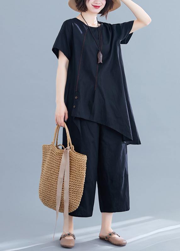 New loose women's fashion black cotton and linen irregular shirt + pants casual suit