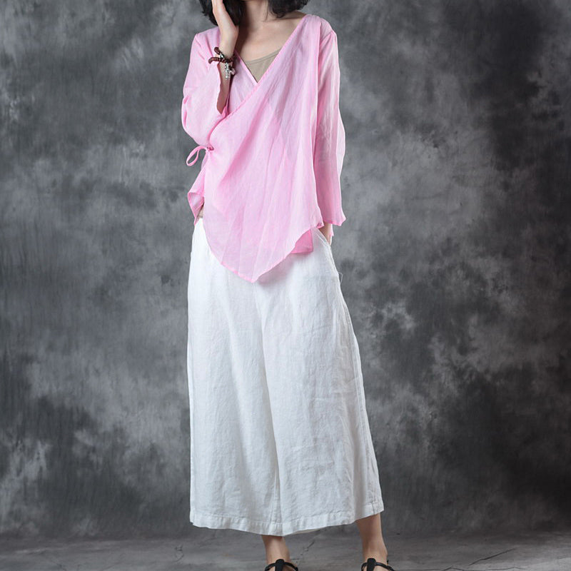 New pink natural linen t shirt oversize linen maxi t shirts Fine half sleeve v neck tie waist tops