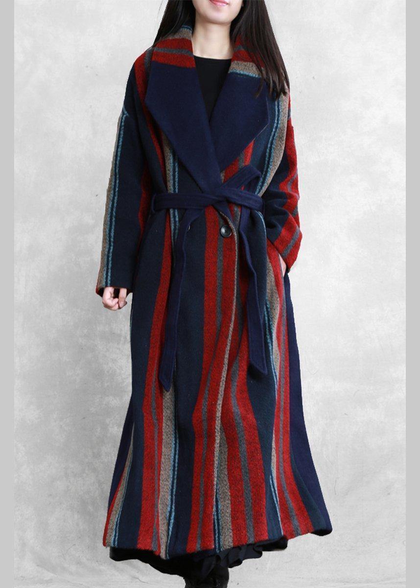 New plus size maxi coat blue red striped Notched tie waist Wool jackets