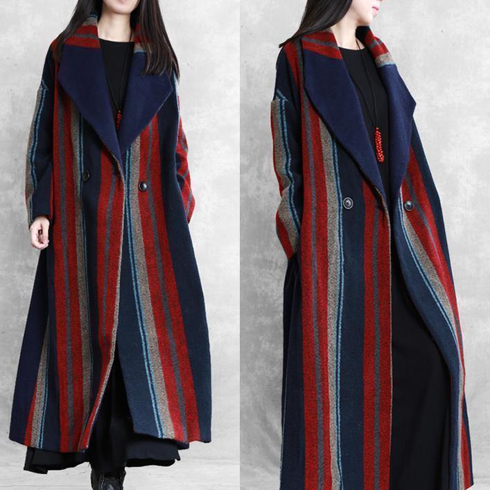 New plus size maxi coat blue red striped Notched tie waist Wool jackets