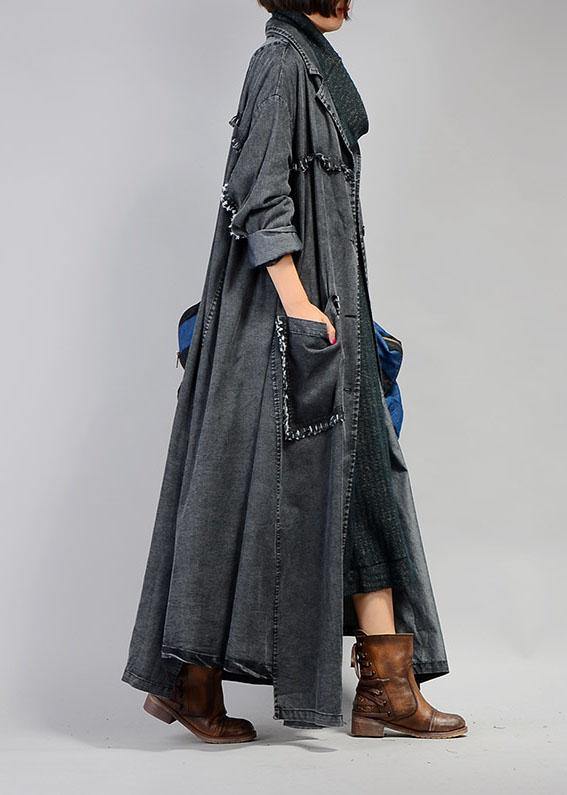 New plus size maxi coat fall denim black Notched Large pockets coat for woman