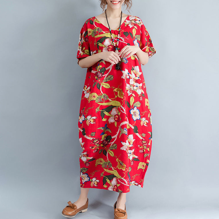 New red linen dress oversized floral cotton maxi dress Elegant short sleeve gown