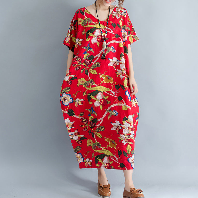 New red linen dress oversized floral cotton maxi dress Elegant short sleeve gown