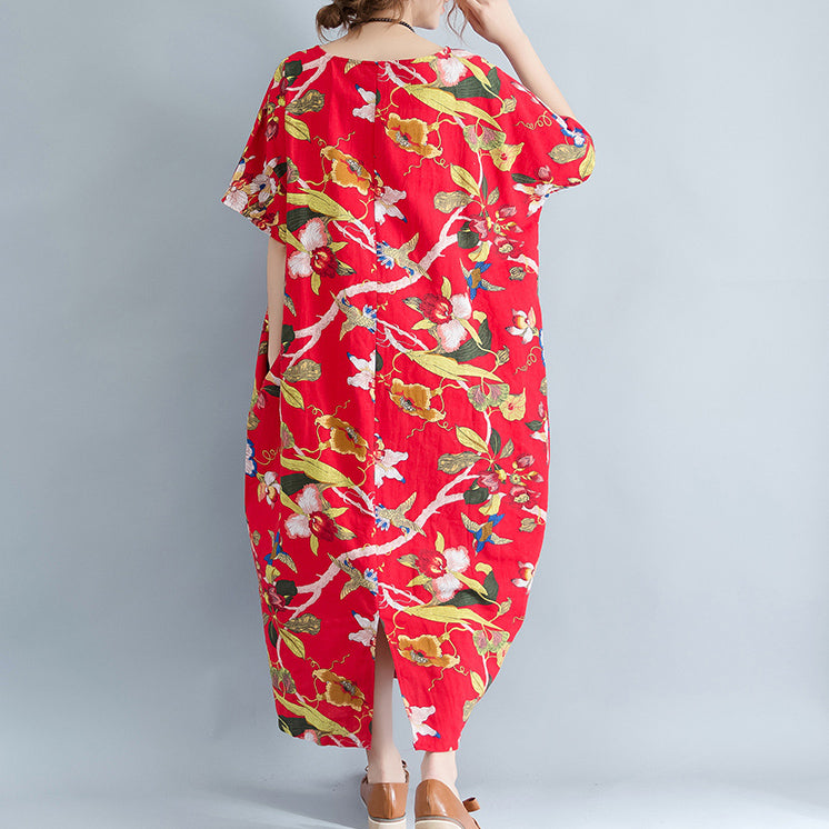 New red linen dress oversized floral cotton maxi dress Elegant short sleeve gown