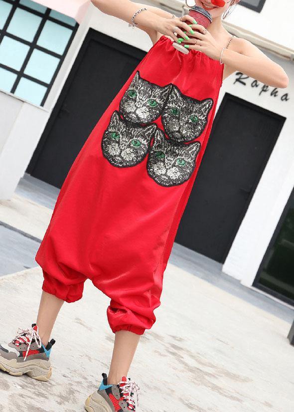 New red tide straps trousers embroidery cat head loose jumpsuit female summer strap pants