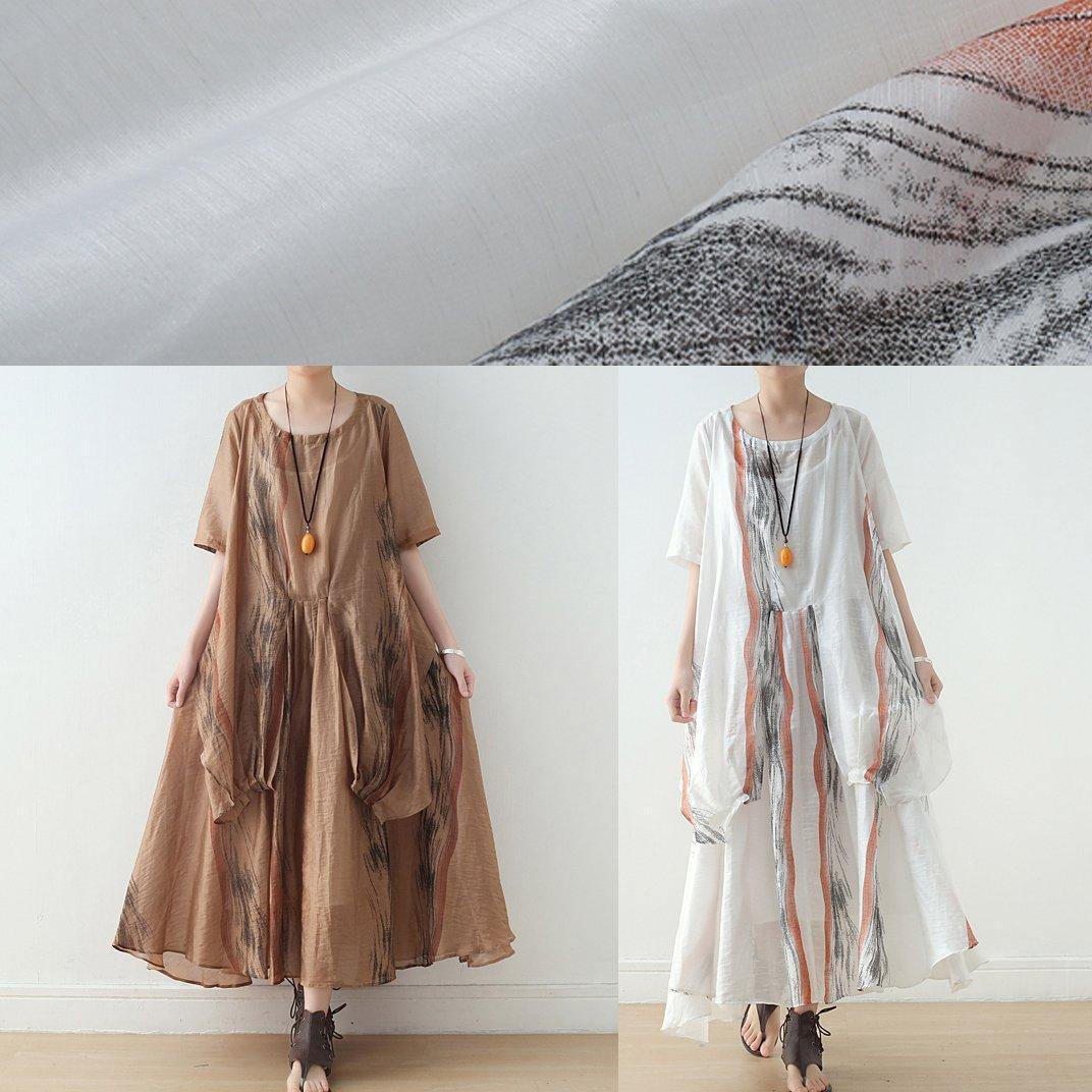 New silk and linen dress female ink printing and dyeing literary loose round neck short sleeve long skirt