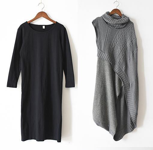 New style loose literary thick knitted stitching woolen gray dress outer two-piece suit