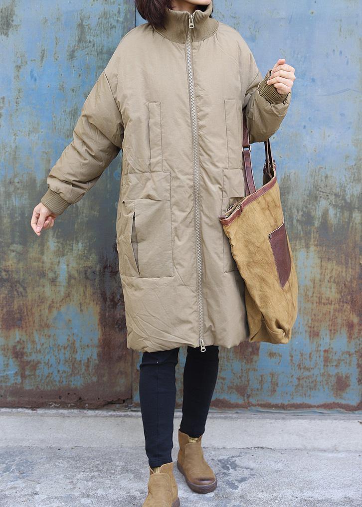 New trendy plus size snow jackets stand collar outwear khaki zippered warm winter coat