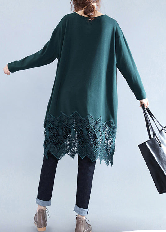 New blackish green cotton shift dress plussize cotton clothing dresses vintage lace ruffles long sleeve cotton dresses