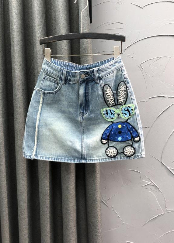 Novelty Blue Embroideried Nail Bead Patchwork Denim Skirt Summer